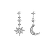Women Sterling Silver Asymmetric CZ Moon Star Dangle Drop Stud Earrings Gift I81