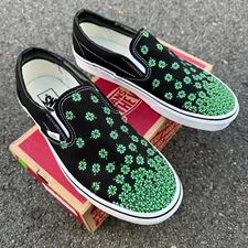 Lucky St Patricks Day Four Leaf Clover on Black Slip On Vans Custom Shoes