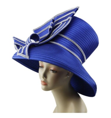 Look! NEW CHARM NY Royal Blue RHINESTONE HAT CHURCH BLING  display picture 2