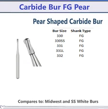 AMGoods Dental Carbide Burs FG Friction Grip PEAR 330 330ss All Sizes Pkg/5/10