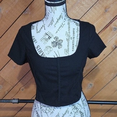 IRIS Black Ribbed Corset Style Crop Top Square Neck Short Sleeve Large