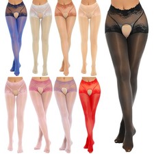 US Women's Crotchless Silky Sheer Pantyhose Lace Patchwork Stockings Tights