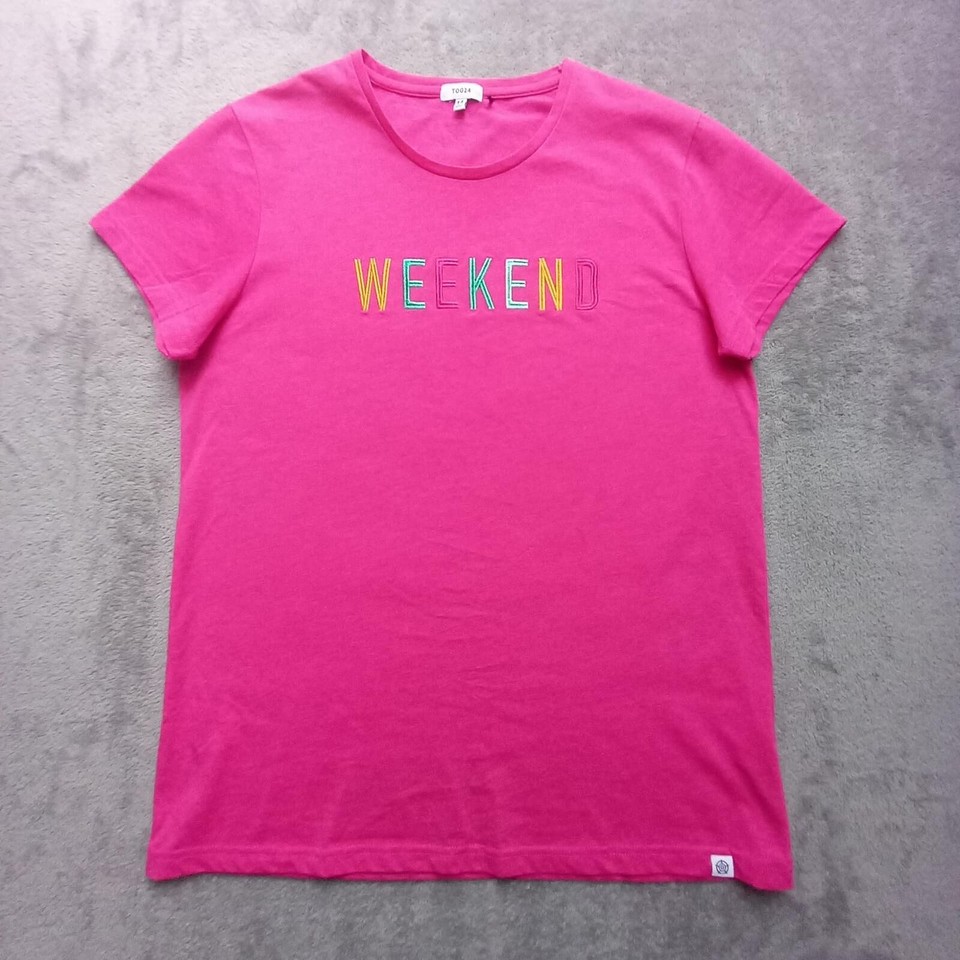 TOG24 Womens T Shirt Size 14 Pink Cotton Embroidered Weekend Slogan Tee Top