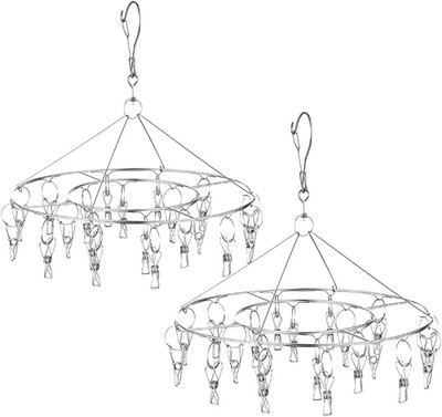 2 Pack Stainless Steel Round Hanging Drying Rack with 20 Clips for Drying Socks,