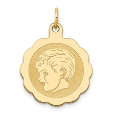14k Yellow Gold Boy Head on Engravable Scalloped Disc Charm Pendant 1.19gm