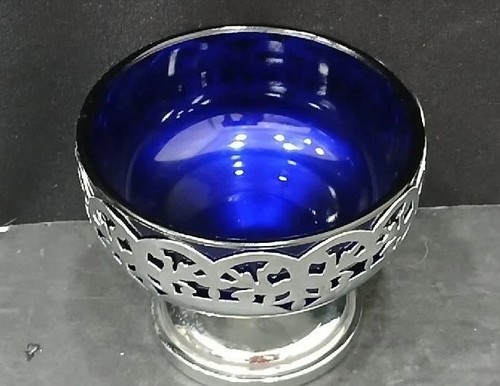 Vintage Cobalt Blue Glass Bowl With Silver Plated Filigree Stand - England