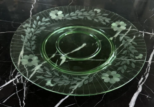 11.5″ Vintage Uranium Depression Glass Plate – Floral Etched, Glows Under UV