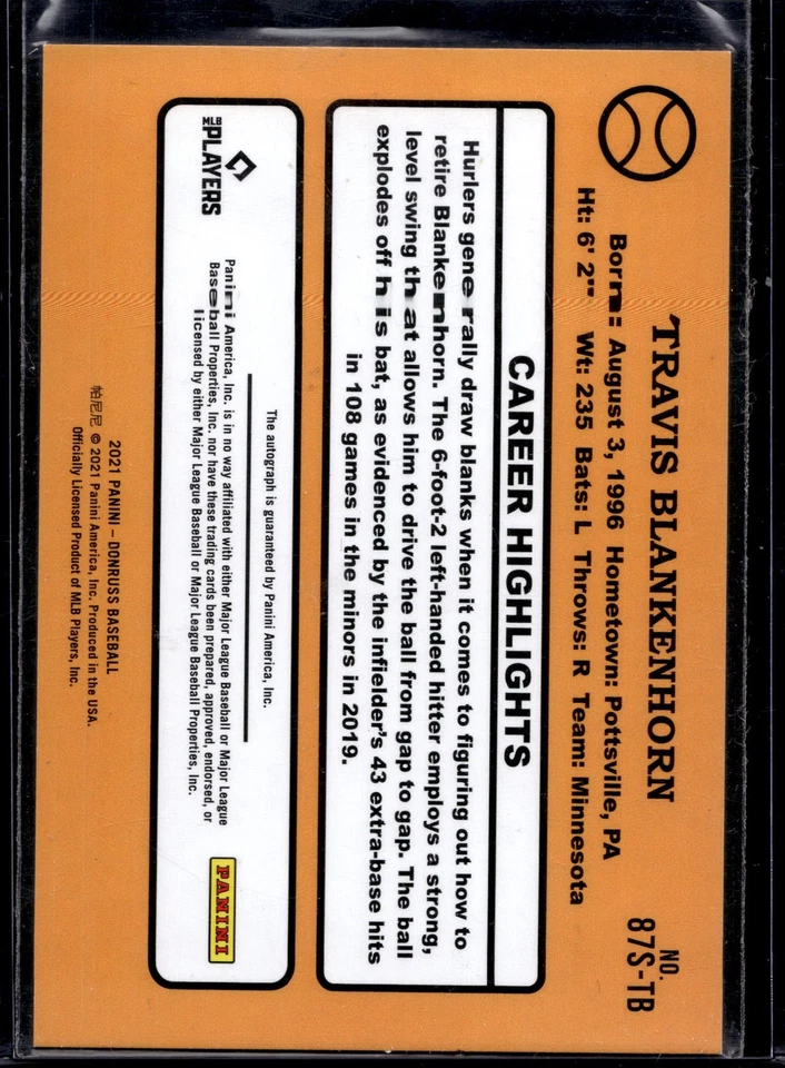 2021 Donruss Retro 1987 Signatures Travis Blankenhorn #87S-TB /199 Pink - Image 2 of 2