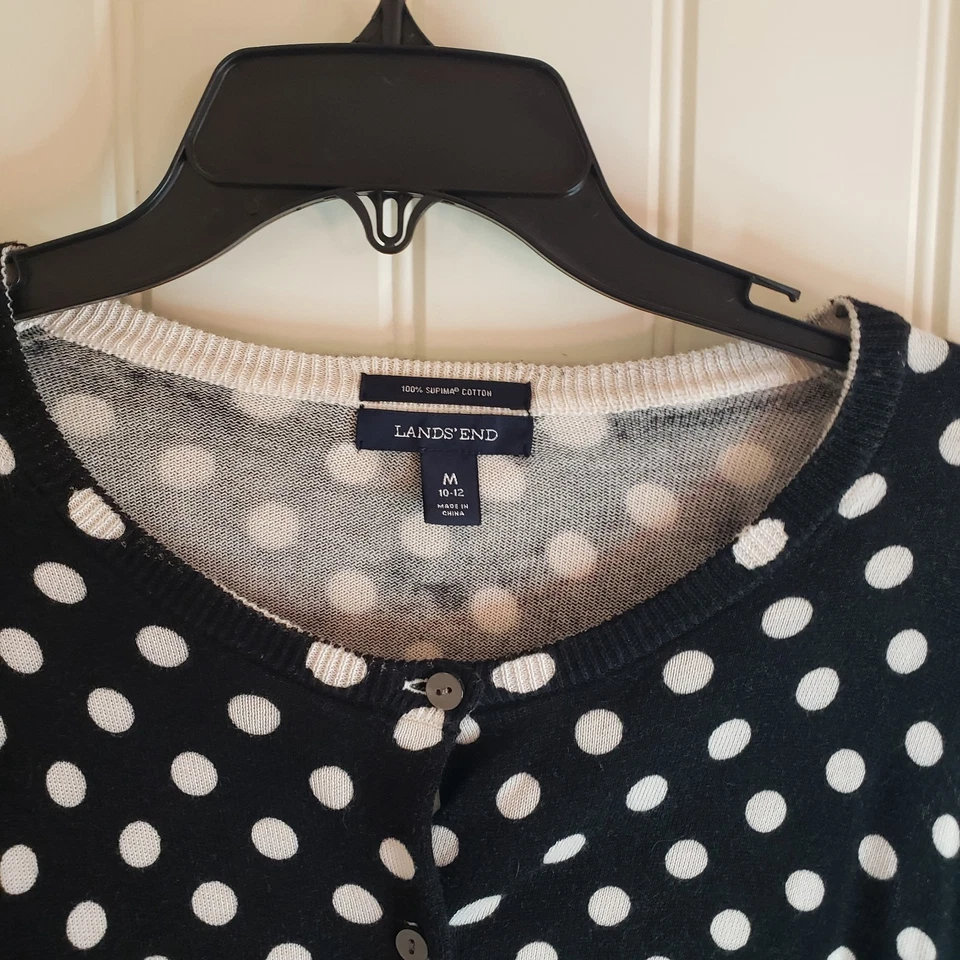 Lands' End Women's Black Cream Polka Dot Button Up 100% Supima Cotton  Cardigan - Image 4 of 4