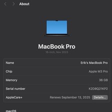 16-inch MacBook Pro Nov 2023   M3 Pro, 36GB RAM   Excellent Condition