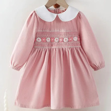 New Boutique Pink Dress Smocked Girls 4 Embroidered Flowers L/S School 49