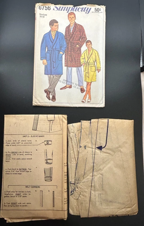 Vintage Simplicity 6756 Men’s Robe Sewing Pattern 1966 Medium 38-40 UNCUT - Image 3 of 4