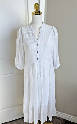 Figueroa & Flower White Embroidered Tiered Midi Dress Boho Gauze Cottagecore Med
