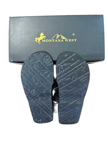 Montana West schwarze Flip-Flops mit hellbraunen & grauen Blumen und Strass-Concho neu im Karton - Bild 5 von 5