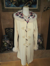 New Ivory Long Knit Cardigan Hooded Stretchy Sweater Jacket w/White Fur Trim M-L