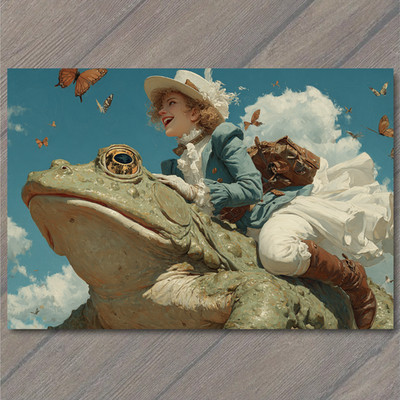 STICKER Giant Frog Girl Riding Whimsical Fantasy Spring Meadow Fairytale