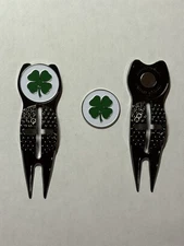 (1) 4-Leaf Clover Good Luck Irish Crosshairs Divot Tool & 1" Coin Golf Marker