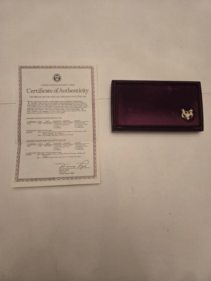 1988 OLYMPIC COIN U.S. Mint PROOF SET: $5 GOLD, $1 SILVER; w/Box & COA - Image 4 of 4