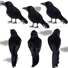 ATDAWN 6 Pack Halloween Black Feathered Crows, Realistic 6 crows,