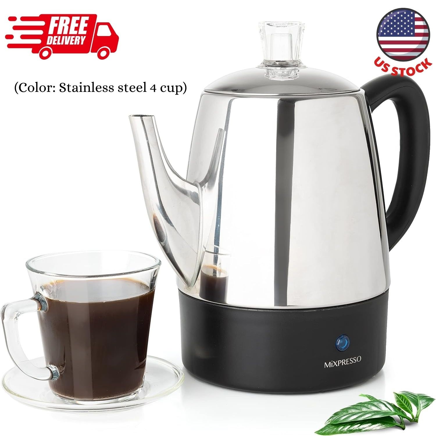 Small Percolator Coffee Pot Electric 4 Cup, Stainless Steel Coffee Maker