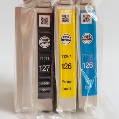 Epson Ink LOT of 3- 127 Black XL - 126 Cyan - 126 Yellow Color Printer Cartridge