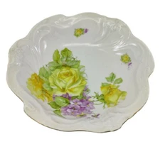 Vintage  Porcelain Serving Bowl Yellow Roses & Violets Gold Trim