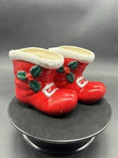 Set of 2 Vintage Christmas Santa Boot Ceramic Candle Holder mini planter 4”