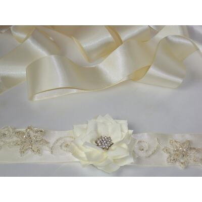 Lace beaded ivory flora belt sash, wedding bridal dress lace  display picture 1