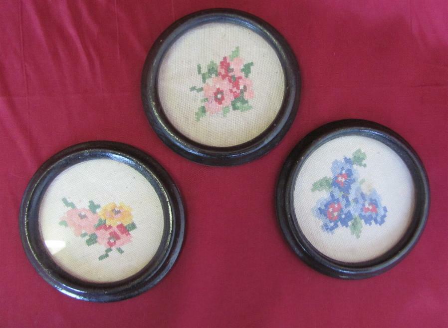 VINTAGE SET OF THREE MINI HAND EMBROIDERED GOBELIN TAPESTRY w/WOODEN FRAMES