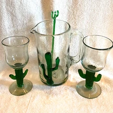 Mexican Hand Blown Saguaro Cactus Margarita Pitcher Stir Stick 2 Tilted Goblets