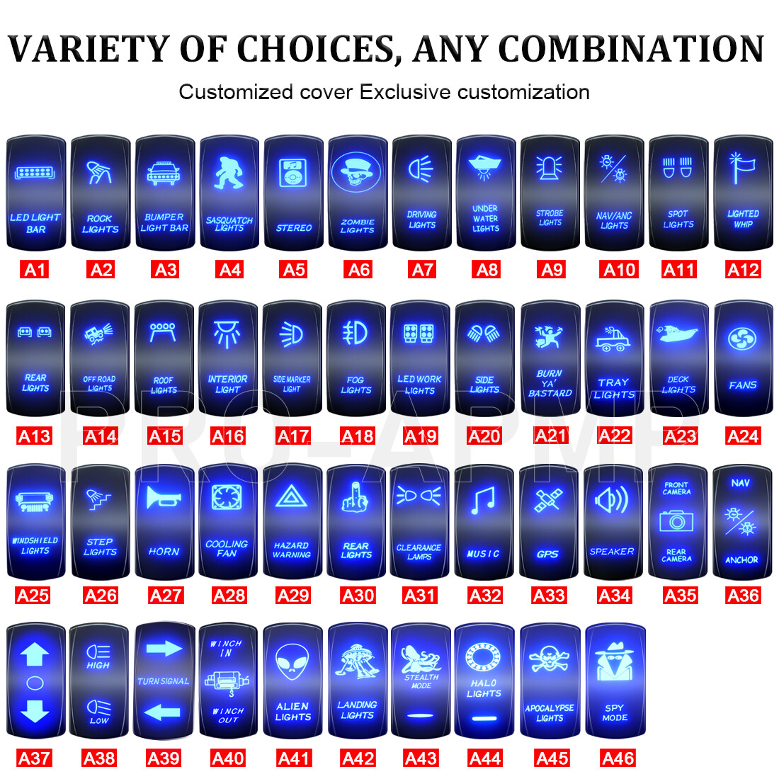 5/7-Pin Blue LED Rocker Switch 20A 12V Laser Etched for ATV UTV