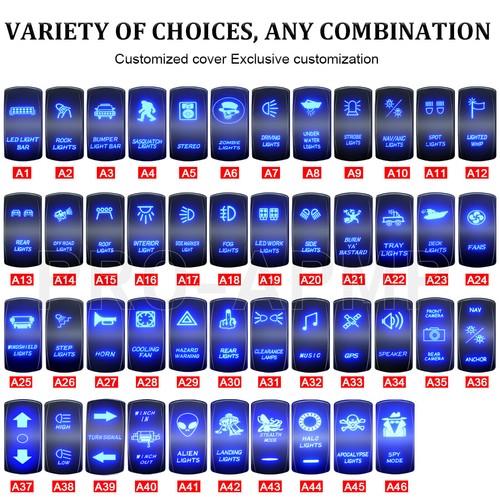 Custom Toggle Rocker Switch 46 Designs Blue 12V 20A for UTV Boat Truck ...