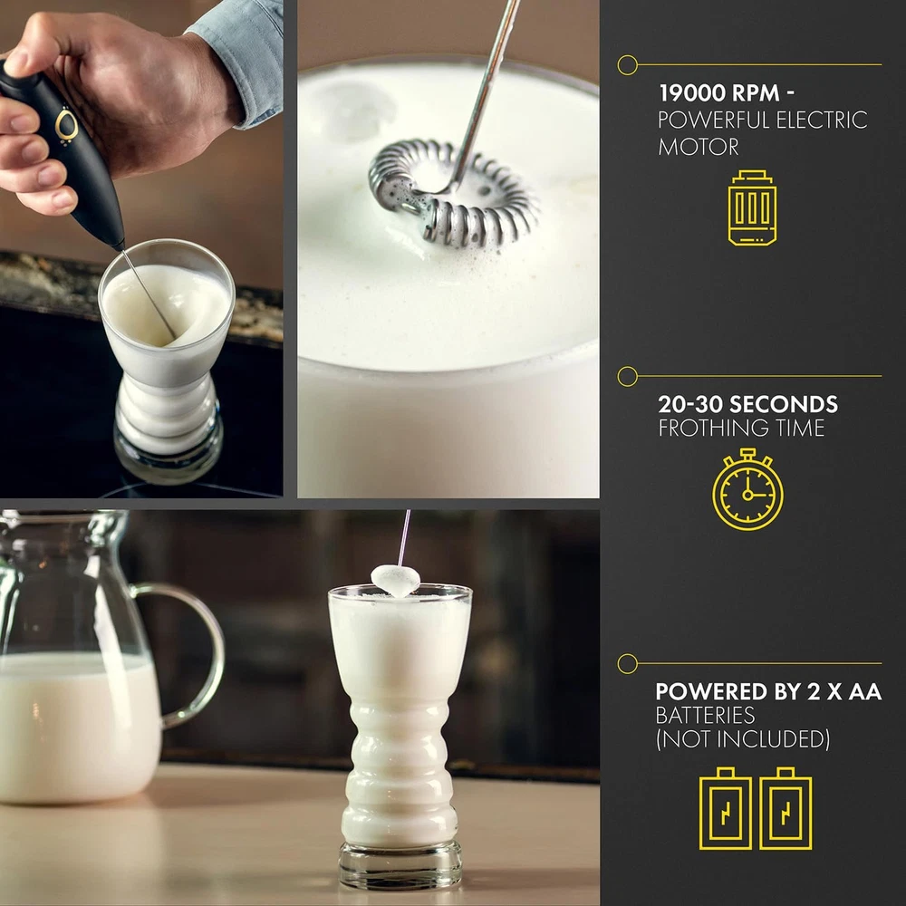 Milk Frother Matte Black - Coffee Frother Handheld with Electric Whisk - 19000 R