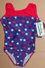 NWT Destira Gymnastic Blue Leotard with Red and White Stars Med Child 8-10