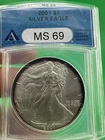 2001 American Eagle Silver MS-69 ANACS Graded Coin Rare Holder Only 1 Year Toned