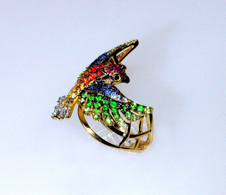 18k, BIRD RING, MULTI COLOR GEM, DIAMOND, RUBY, BLUE SAPPHIRE, GREEN GARNET - Image 2 of 4