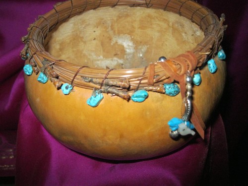 GOURD BOWL W/ TURQ. STONES, PINE NEEDLES & BIRD ORNAMENTS, HANDMADE ART