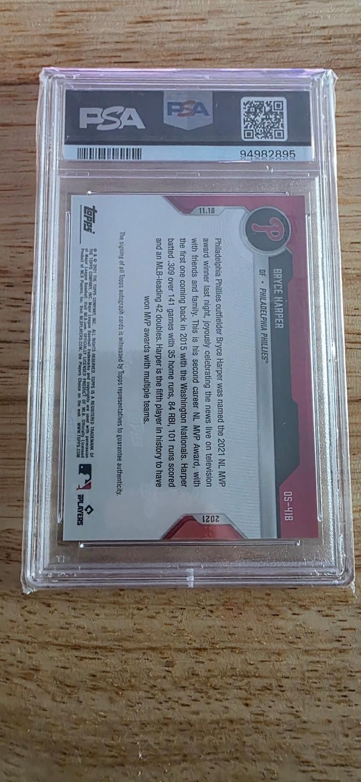 2021-22 Topps Now Off-Season #OS-41B Bryce Harper /49 Auto PSA 9 view 2