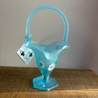 Fenton Art Glass Hand Painted "Daisies on Blue Topaz" Satin Basket, Signed