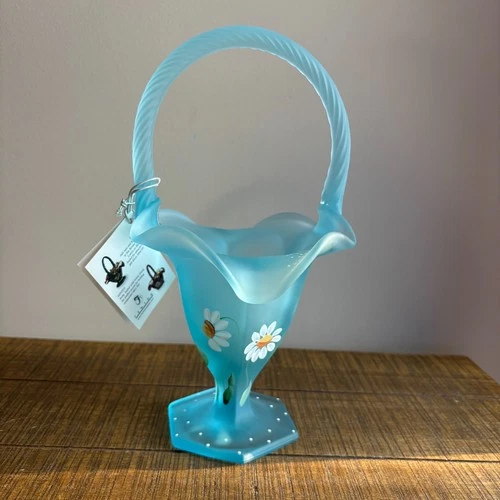 Fenton Art Glass Hand Painted "Daisies on Blue Topaz" Satin Basket, Signed