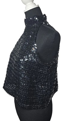 Topettes By A. Brod Vintage 70's Black Sequin Turtlneck Crop Top Tank Sz S/M