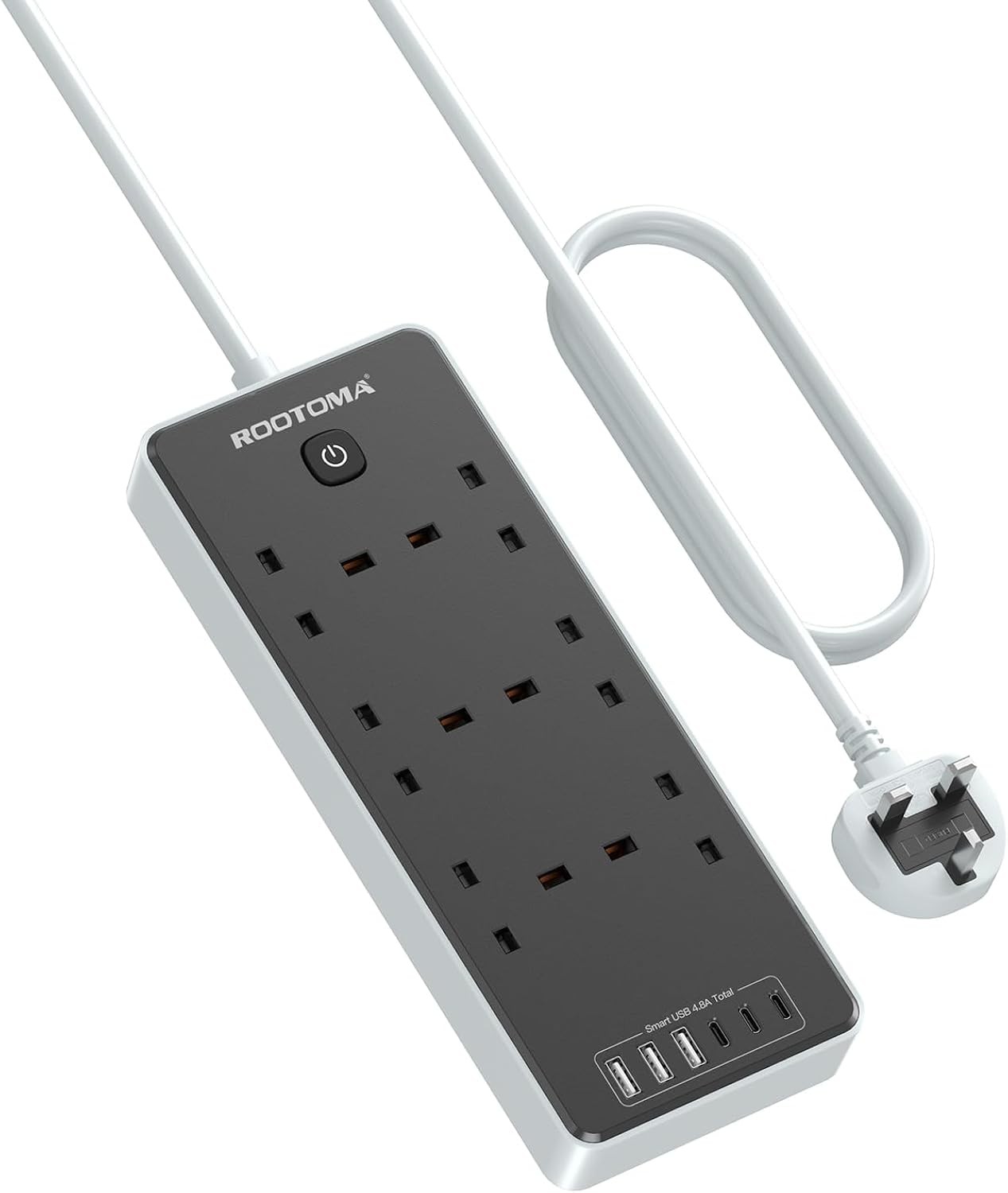 ROOTOMA 6 Way Surge Protection Extension Lead with 6 USB Slots, 2M Black