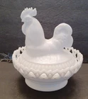 Imperial Milk Glass Rooster hen chicken candy dish nest lace white signed lace
