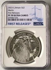1oz silver 2023 GB Merlin, NGC PF-70 Ultra/Cam, F/R, Top Pop, 1 of 148.