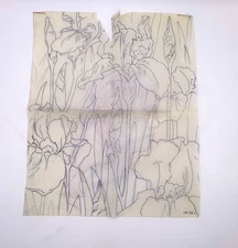 Vintage Original Art Irises with woman's / ladies / girl head on tracing paper