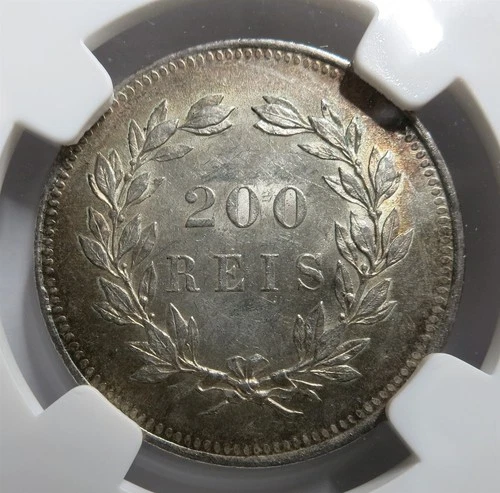 PORTUGAL Kingdom 200 reis 1891 NGC MS 62 UNC King Carlos Silver Wreath Toning