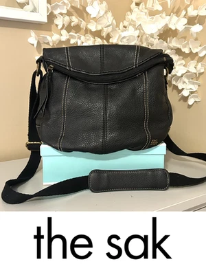The Sak Black Leather Flap Over Zip Top Boho Crossbody/Shoulder Bag EUC - Image 1 of 4