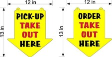 ORDER AND PICK UP TAKE OUT HERE SIGNS YELLOW PLEXI GLASS ARROW RESTAURANT
