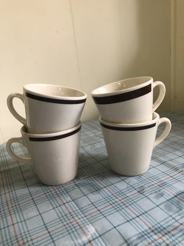 4 Vintage Homer Laughlin Brown Stripe Coffee Cups Mugs