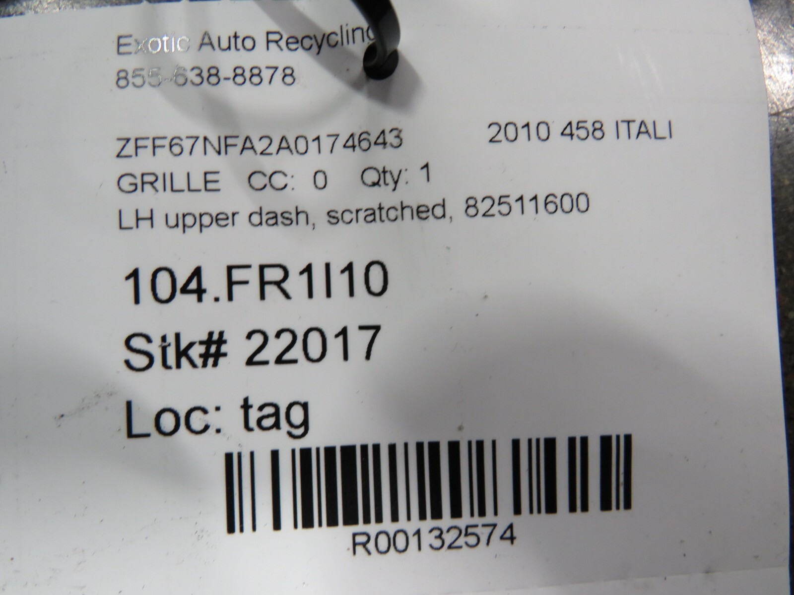 Ferrari 458 Italia, Speciale, Spider, LH, Left, Upper Dash Grille, P/N 82511600
